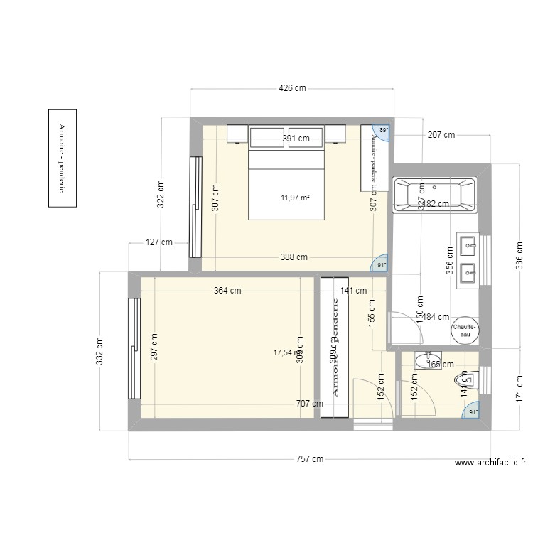 AILE VIUZ. Plan de 2 pièces et 47 m2