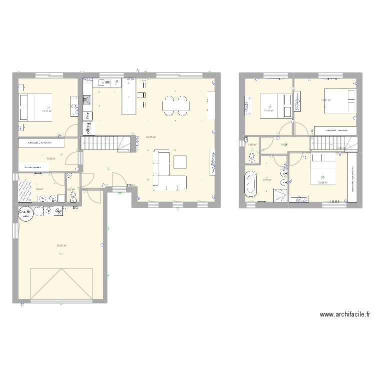 rdc. Plan de 13 pièces et 185 m2