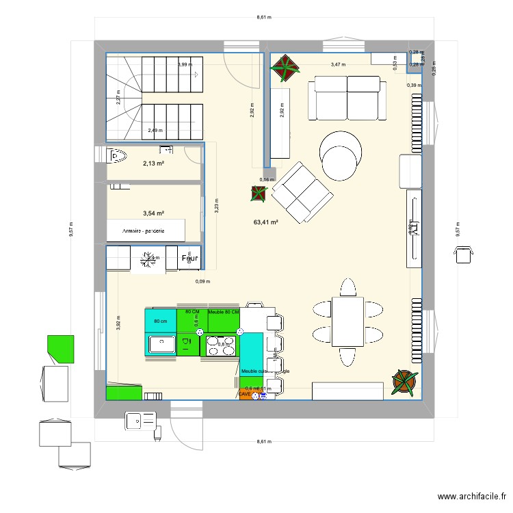 maison rdc. Plan de 3 pièces et 69 m2