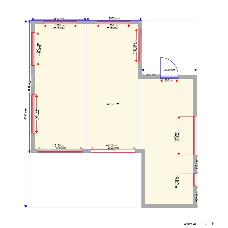 45 6 2 sv. Plan de 1 pièce et 40 m2