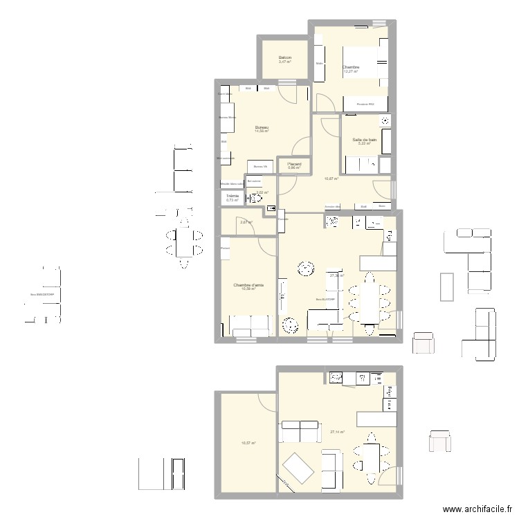 Cuisine / salon. Plan de 14 pièces et 129 m2