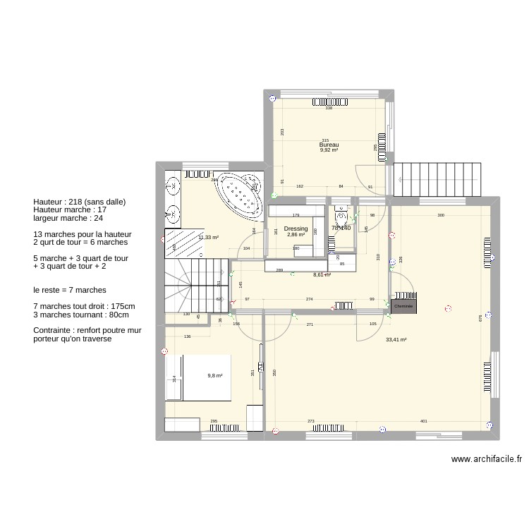 Maison test escalier 2. Plan de 7 pièces et 77 m2