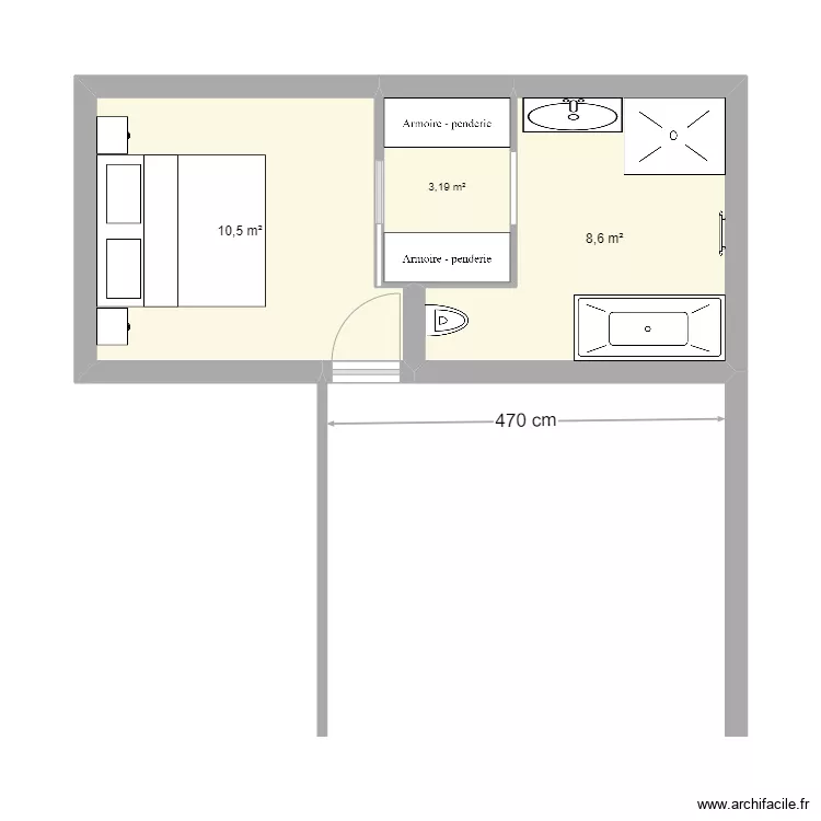 CHAMBRE RDC. Plan de 3  et 22 m²
