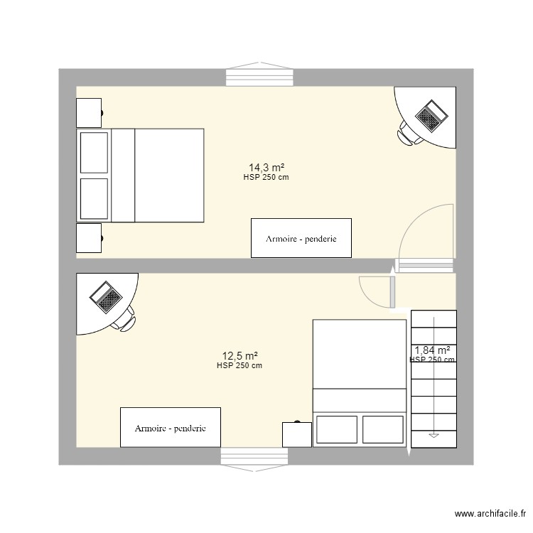 Maison poilly/tholon etage 1. Plan de 3 pièces et 29 m2