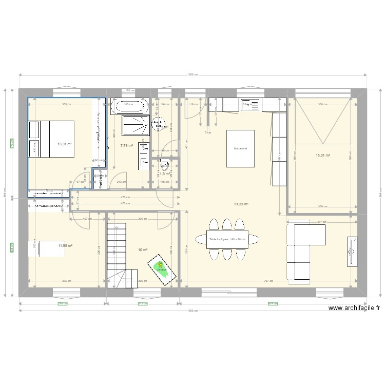 Maison 3ch + Comble aménagable. Plan de 8 pièces et 114 m2