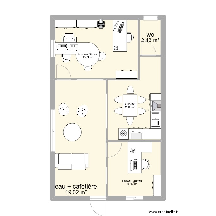 bureau 2. Plan de 5 pièces et 59 m2