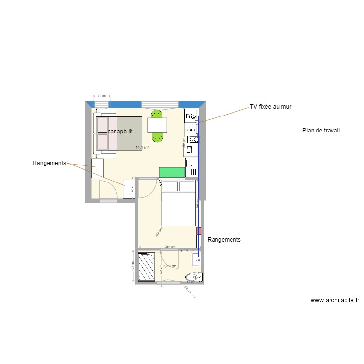 mourillon V1 mesures. Plan de 3 pièces et 25 m2