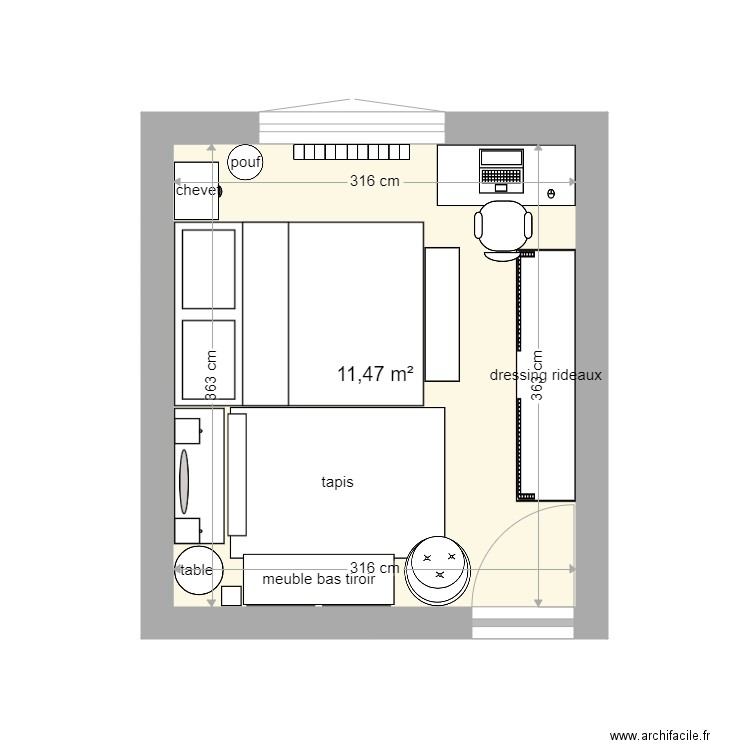 Chambre Manon 1ère proposition. Plan de 1 pièce et 11 m2