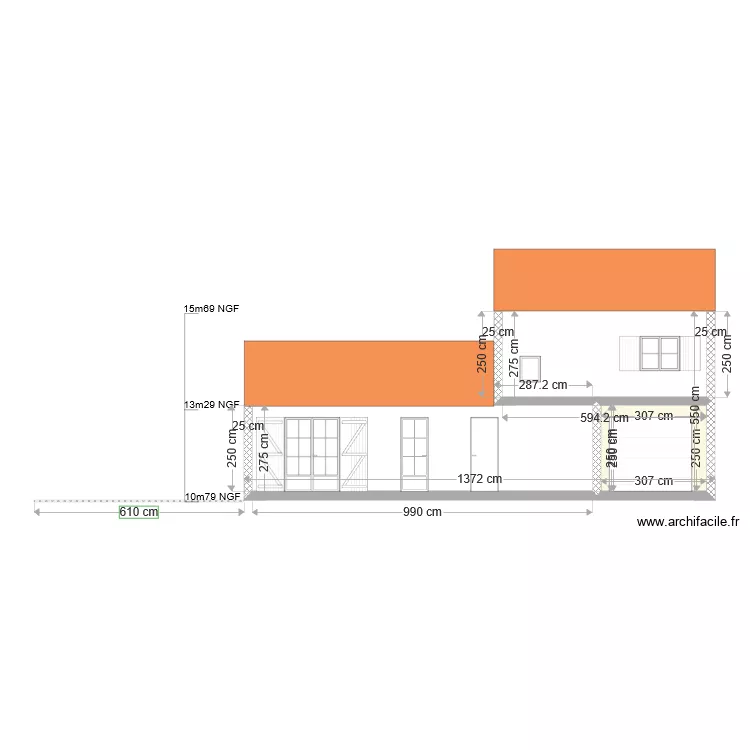 PCMI5 Plan des fa&ccedil;ades et des toitures fa&ccedil;ade sud existant. Plan de 