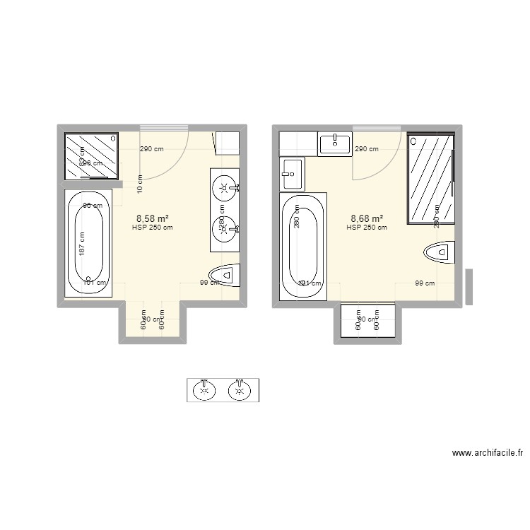 Salle de bain 2. Plan de 2 pièces et 17 m2