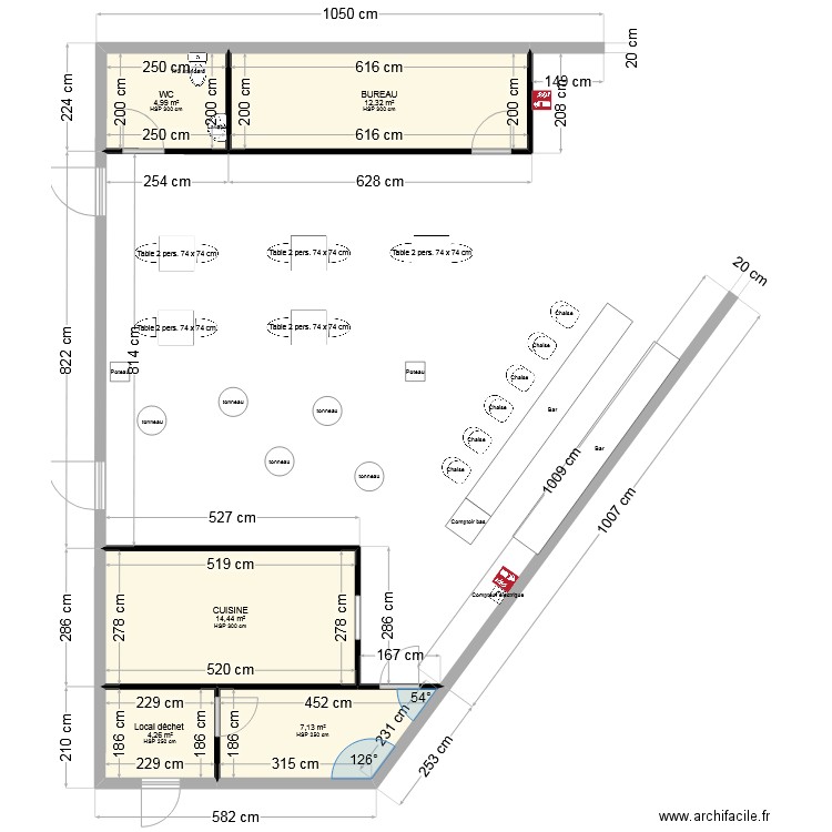 Plan deux . Plan de 5 pièces et 43 m2