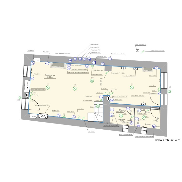 Maison R D C projet Electricite. Plan de 3 pièces et 59 m2