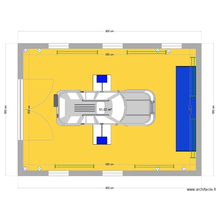 Garage 1 voiture et pont élévateur. Plan de 1 pièce et 51 m2