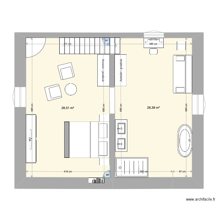 quarto 1 piso 1. Plan de 2 pièces et 55 m2