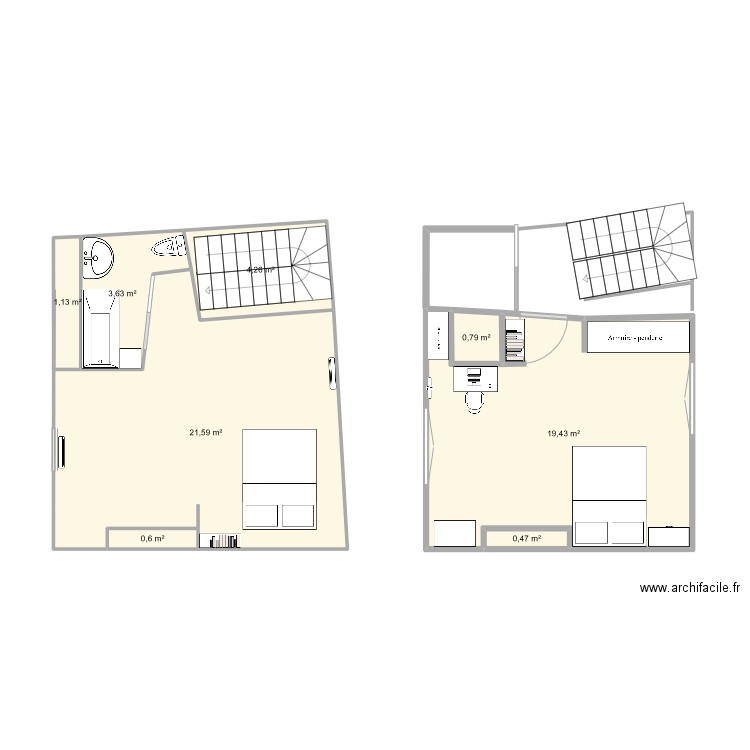 Chambre. Plan de 8 pièces et 52 m2