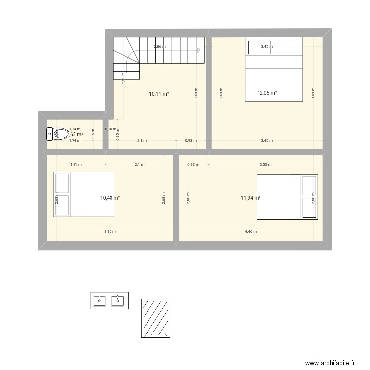 Badamier R+1 n.2. Plan de 5 pièces et 46 m2
