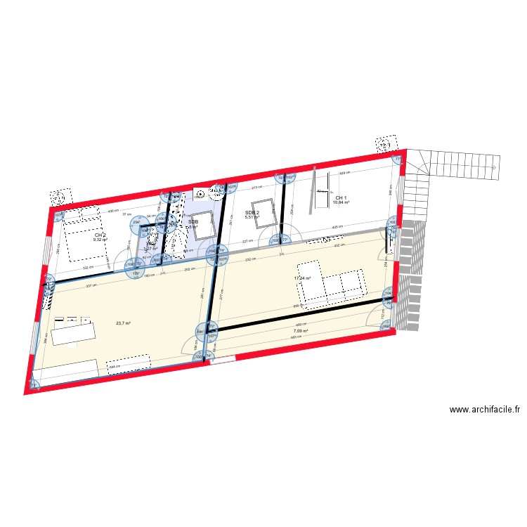 2 apparts 1 ch    2 velux ok. Plan de 8 pièces et 80 m2