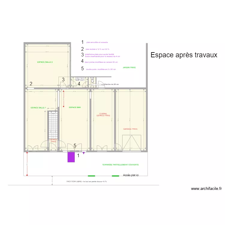 caf&eacute; Laurette Allan apr&egrave;s travaux. Plan de 