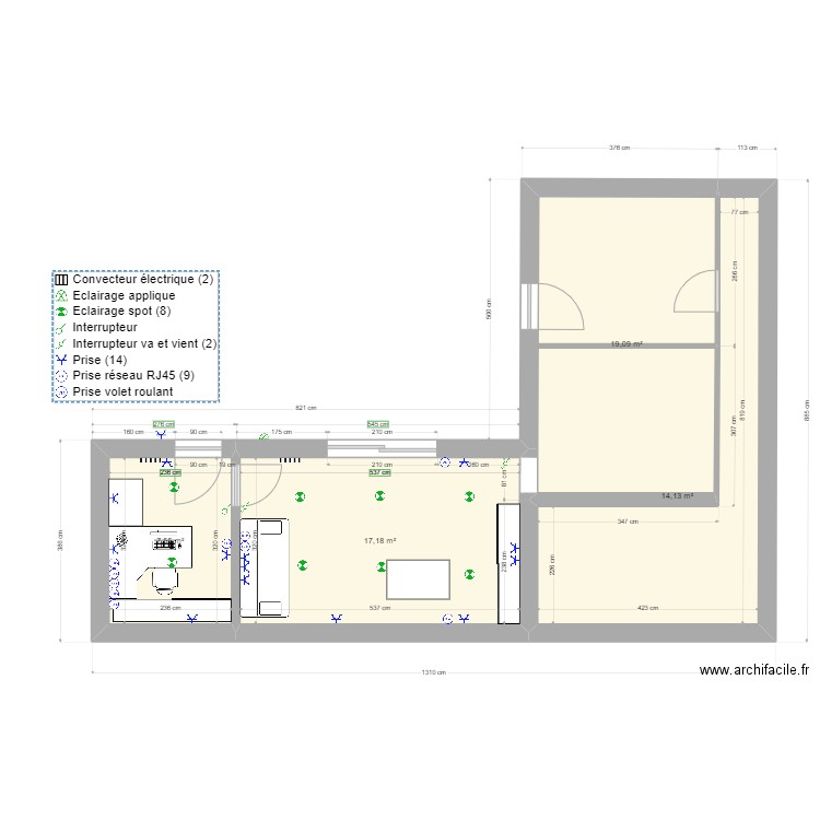 Bureau. Plan de 4 pièces et 58 m2