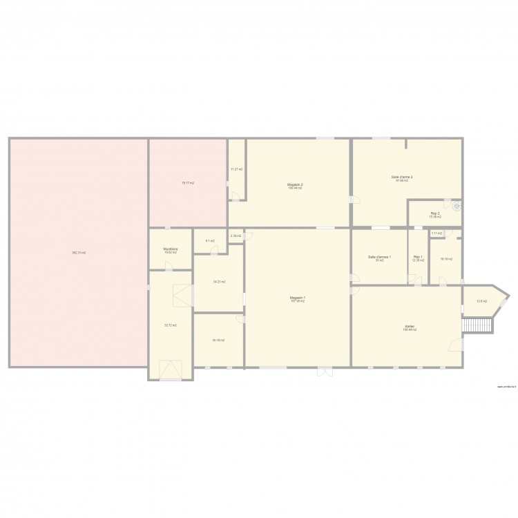 Armurerie agrandissement Gauche. Plan de 19 pièces et 1170 m2