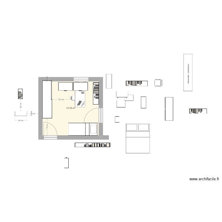 chambre brro. Plan de 1 pièce et 14 m2