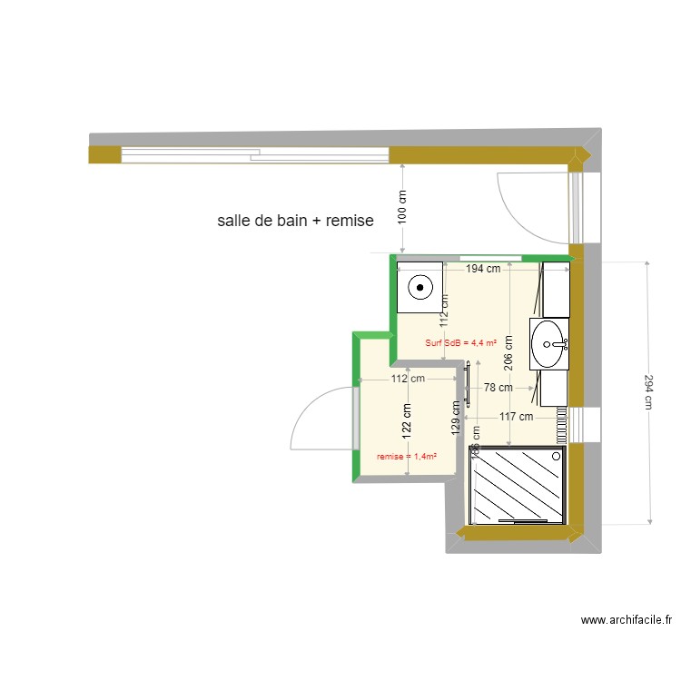 Salle de bains rdc. Plan de 3 pièces et 6 m2