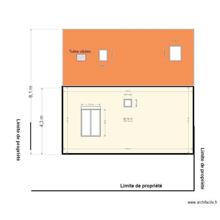 plan façade coté avant travaux face arrière. Plan de 1 pièce et 36 m2