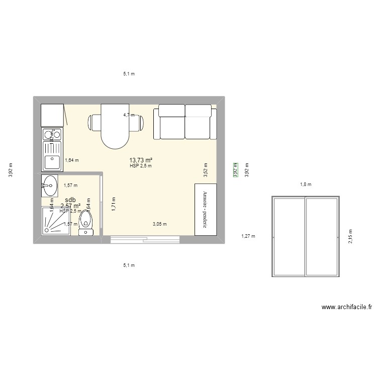 cabanon jardin. Plan de 2 pièces et 16 m2