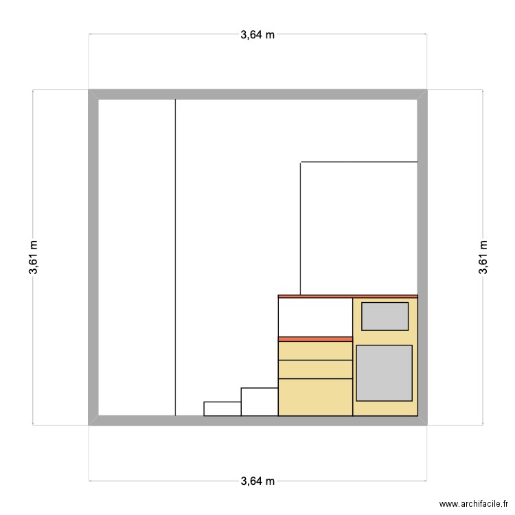 Cuisine coté couloir. Plan de 1 pièce et 12 m2