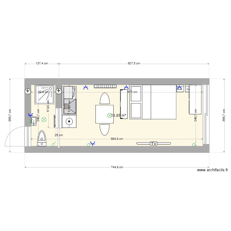 appart 32 A Ribot. Plan de 1 pièce et 17 m2