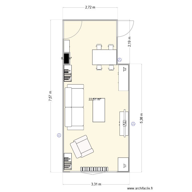salon. Plan de 2 pièces et 23 m2