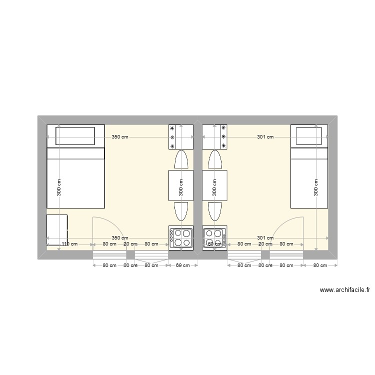 Plan de Rolly et Patin avec meubles. Plan de 2 pièces et 20 m2