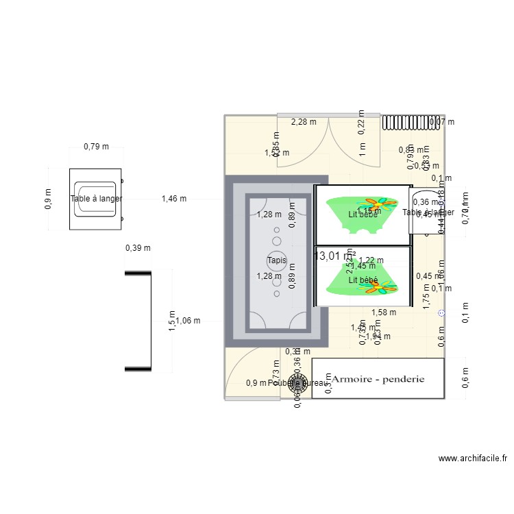 Chambre jumeaux. Plan de 1 pièce et 13 m2