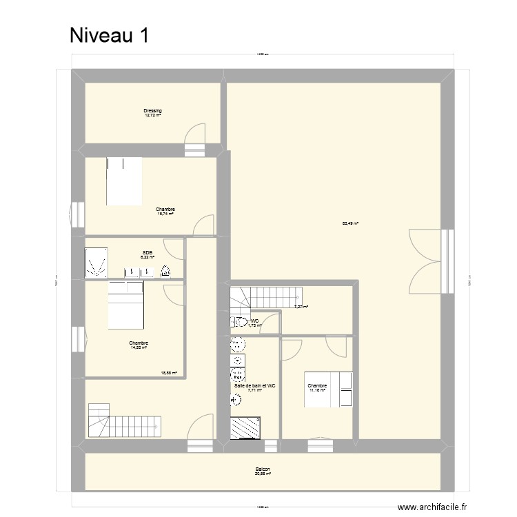 Trossy-Prapezi Niv1 propal1. Plan de 11 pièces et 200 m2