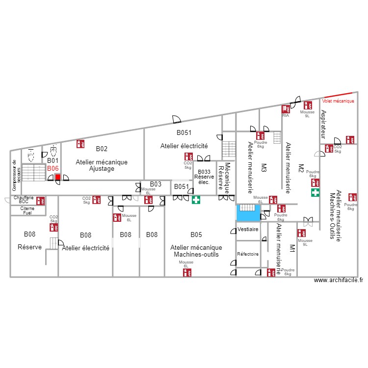 IDBHatelierIncendie. Plan de 29 pièces et 499 m2