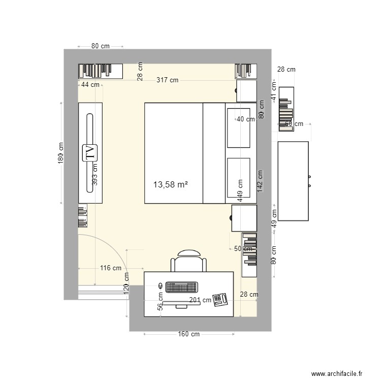 Chambre Thithi V2. Plan de 1 pièce et 14 m2