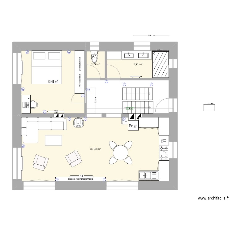 Rez de chaussée PC. Plan de 4 pièces et 55 m2