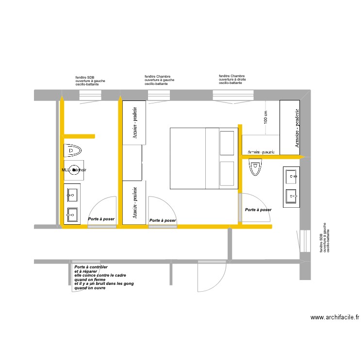 Plan SDB Chambre  Portes SAMSE. Plan de 2 pièces et 26 m2