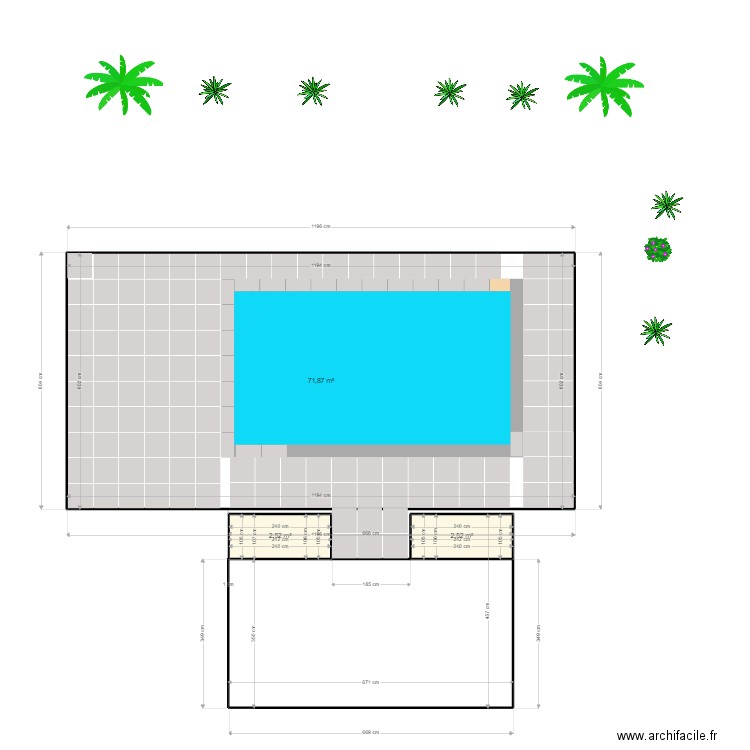 terrasse globale. Plan de 3 pièces et 77 m2
