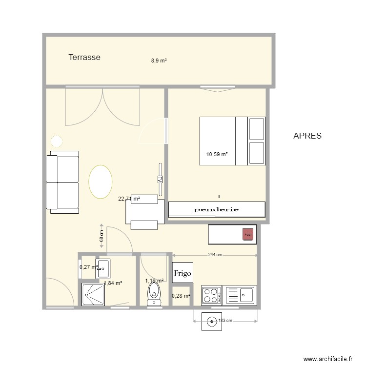 T2 SF mas APRES. Plan de 7 pièces et 46 m2