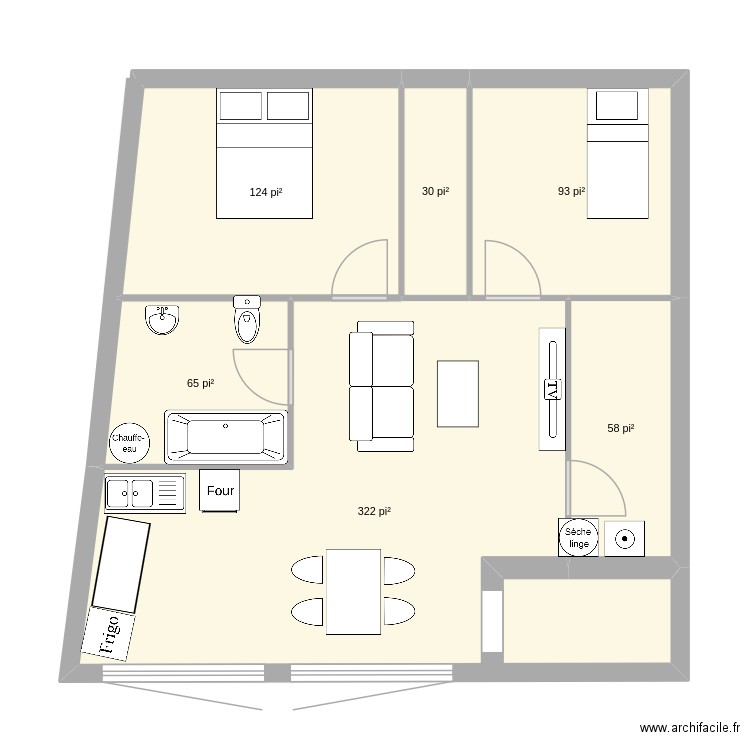 4 et demi. Plan de 6 pièces et 64 m2