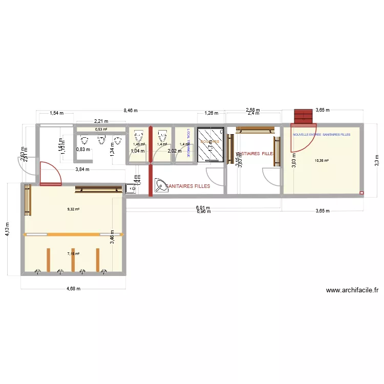 WATELET  PROGET  SEPARATION DOUCHES. Plan de 