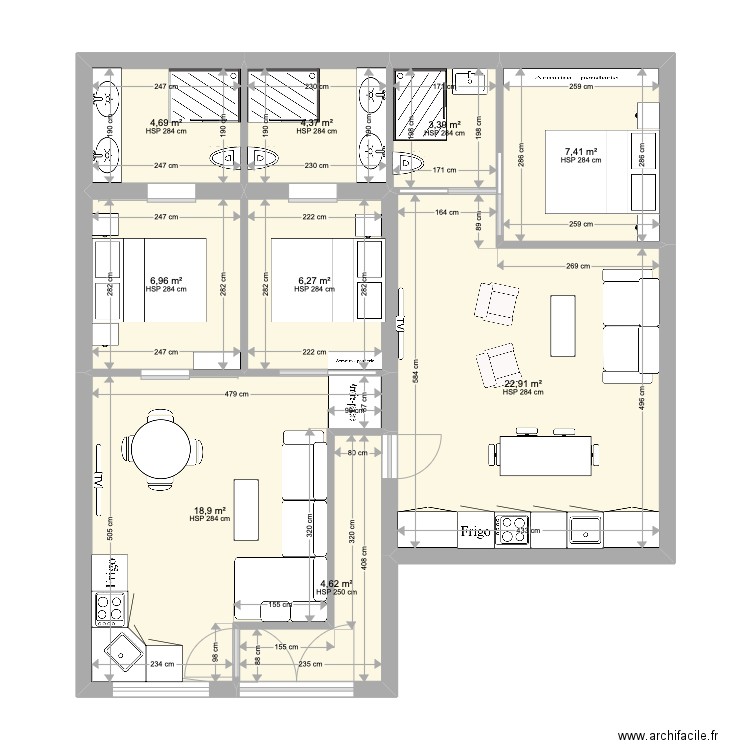 RDC Impression. Plan de 9 pièces et 80 m2