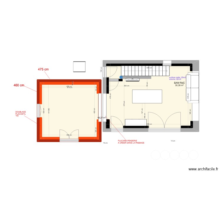 EXTENSION SAM  SANS CHAISEtable 220/100 amenagement BASTIDON. Plan de 2 pièces et 49 m2