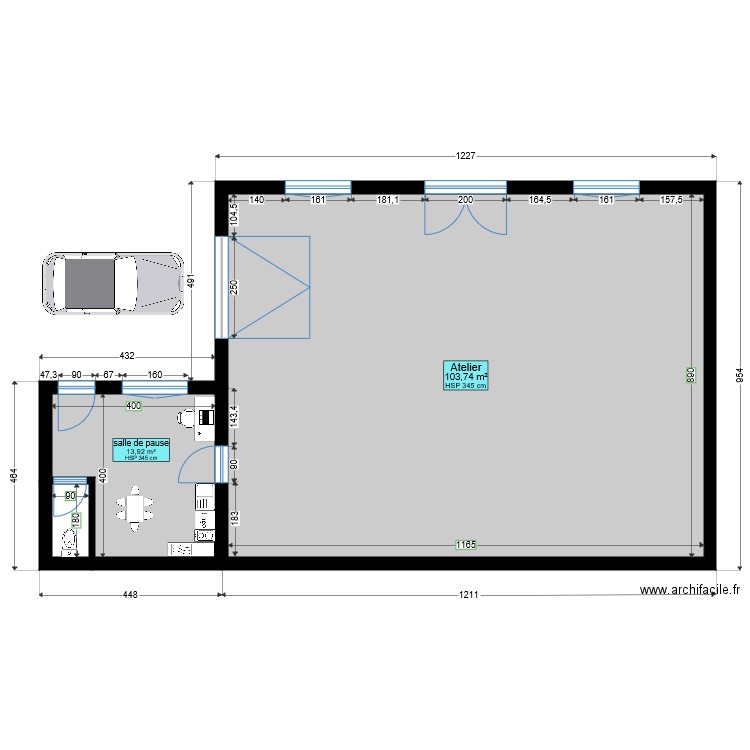 plan maison partie 1 atelier plus sanitaire. Plan de 3 pièces et 119 m2