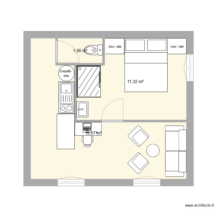 Studio. Plan de 3 pièces et 29 m2