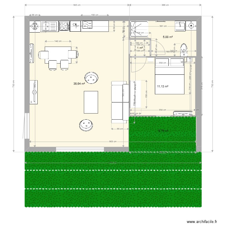 f2 jaune berre B. Plan de 5 pièces et 60 m2