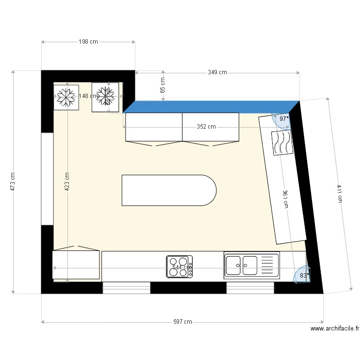 cuis 2. Plan de 1 pièce et 20 m2