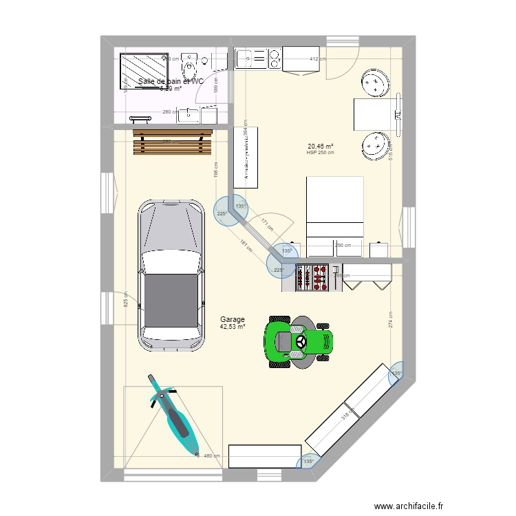 Garage 2. Plan de 3 pièces et 68 m2