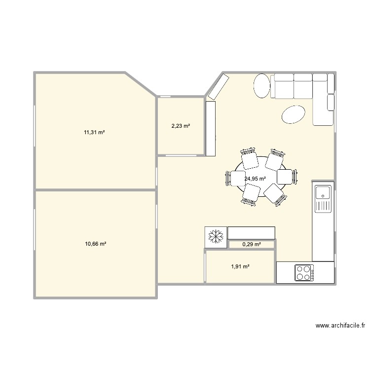 Appartement sans mur. Plan de 6 pièces et 51 m2